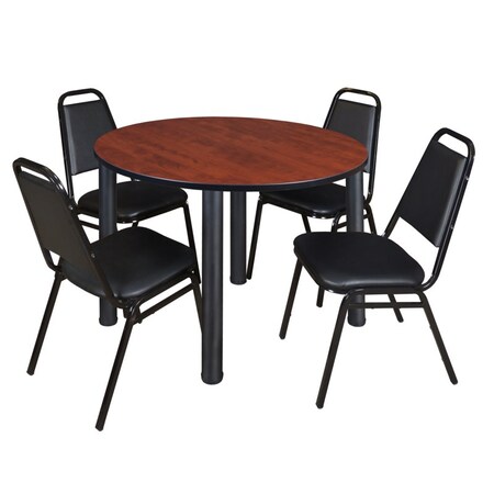 Kee Kee Round Table & Chair Set, Wood, Metal, Vinyl Top, Cherry TB48RNDCHBPBK29BK
